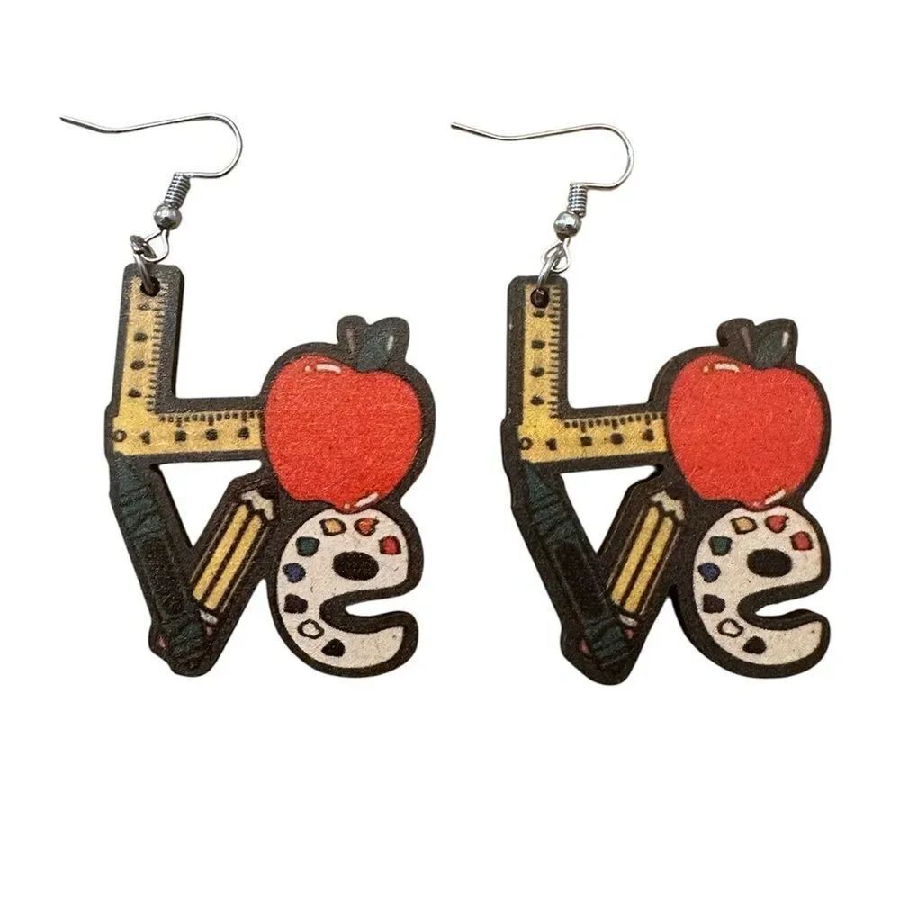 “LOVE” earrings with apple, pencil, ruler, crayons, Perfect for teachers!